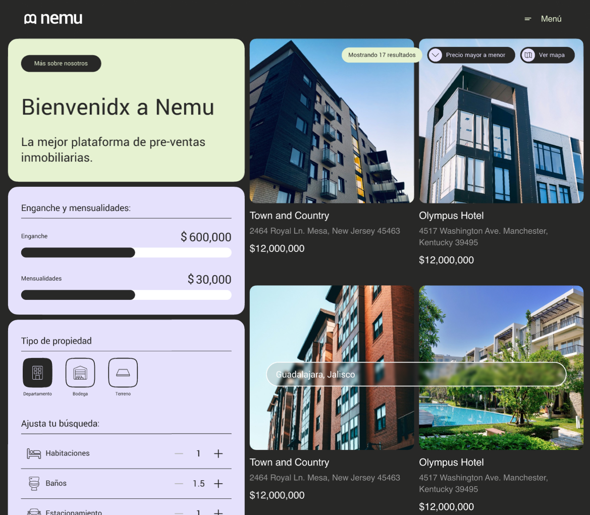 Nemu — plataforma inmobiliaria en escritorio